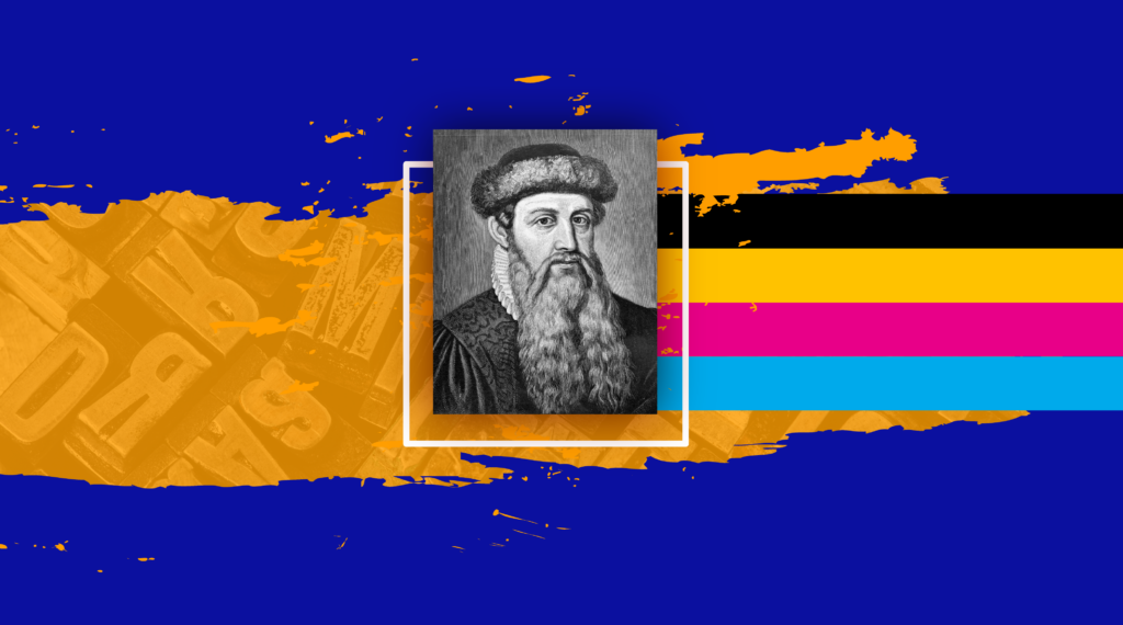 Imagem com fundo azul LabelBeer com Johannes Gutenberg ao centro e 4 cores da cromia saindo para a direita (preto, amarelo, magenta e ciano)