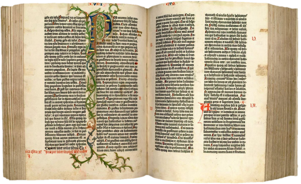 Na imagem mostra a bíblia de Gutenberg, primeiro livro produzido por sua invenção, a prensa gráfica com tipos móveis - Dia do Gráfico